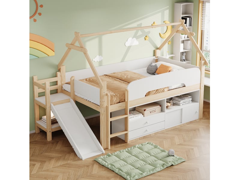  Lit mezzanine enfant tcqpz 90 x 200 cm avec toboggan, cadre toit, rangements et barrières bois et mdf naturel blanc  - Conforama B