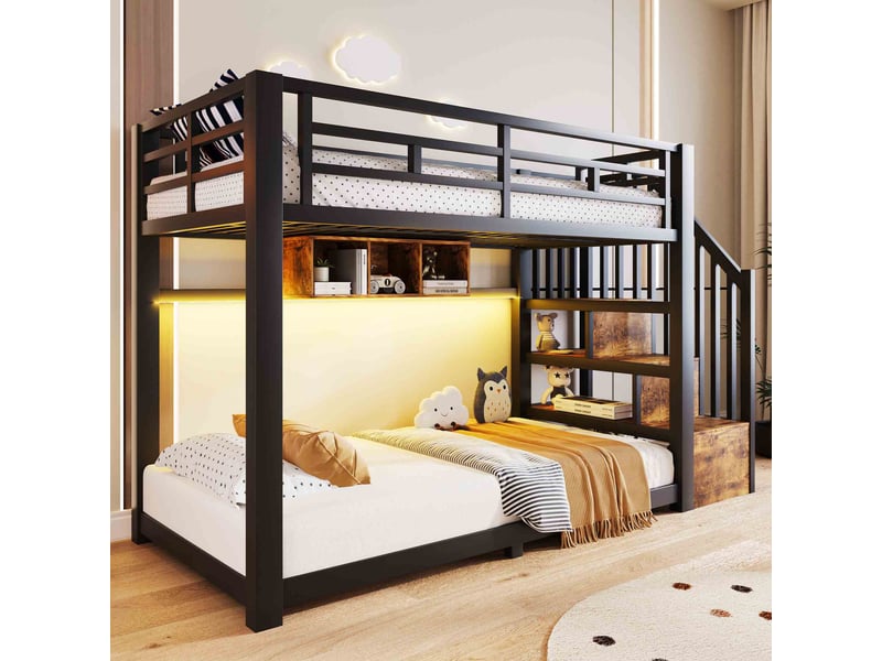  Lit superposé 90x200 cm en métal avec éclairage led, 3 rangements, escalier avec rangements et barrières de sécurité - noir  - Conforama E