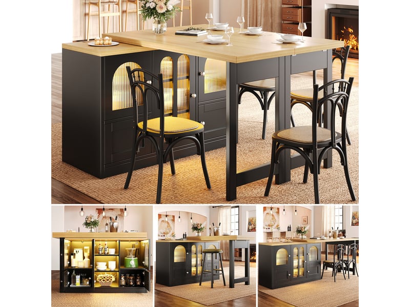 Îlot de cuisine 197cm, table à manger + meuble latéral, plateau rotatif 360°, led rvb par appli, noir, gain de place - Conforama D