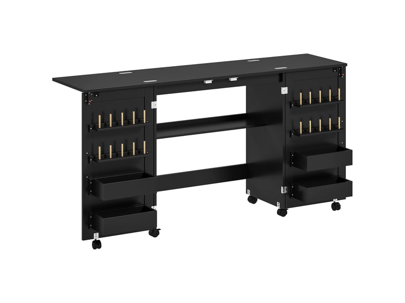  Table de couture pliable sur roulettes - 4 bacs, 20 porte-bobines, étagère - noir  - Conforama A