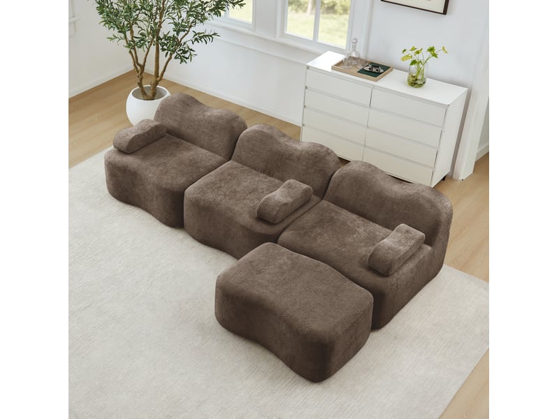  Canapé d’angle modulaire 3 places avec pouf en velours marron, 288 x 167 x 70 cm  - Conforama C