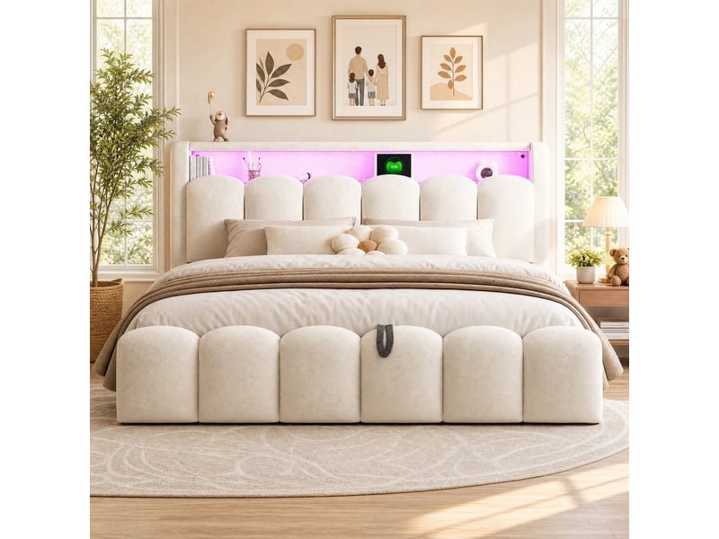  Lit coffre 180 x 200 cm beige en velours avec led, rangements et ports usbtype-c  - Conforama C