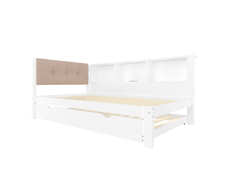  Lit banquette avec lit gigogne, led, étagère et usb, pin blanc, 90x200 cm  - Conforama D