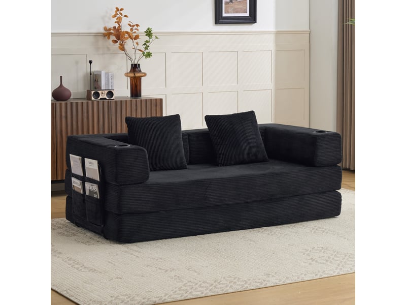  Canapé convertible 2 places en velours côtelé noir, pliable, avec porte-gobelet et poche latérale, pour salon  - Conforama B