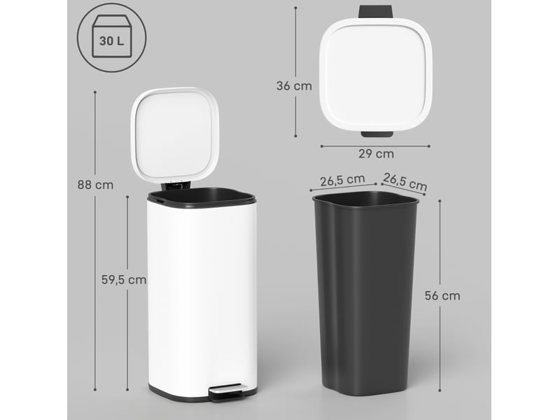  Poubelle de cuisine 30 l 36x29x59,5 cm à pédale avec couvercle fermeture douce métal blanc  - Conforama E