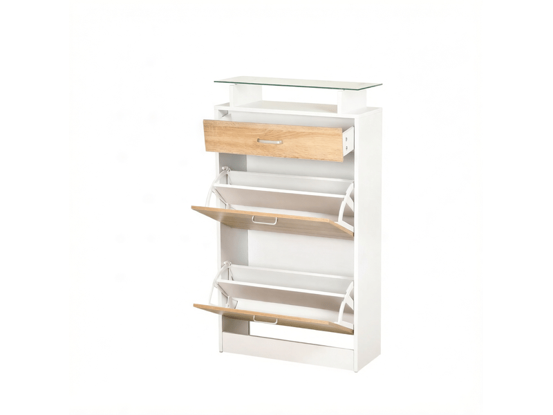  Meuble à chaussures ulevr à 2 abattants avec rangement, 60 x 24 x 105,5 cm, panneau de particules e1 et verre, blanc et chêne clair  - Conforama A