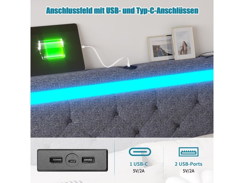 Lit double 140x190 avec led et tiroir, lit capitonnée avec 4 tiroirs cadre de lit avec rangement et tête de lit rembourrée lit 2 personnes avec usb pour adultes et adolescents tissu en lin, sans matelas - Conforama E