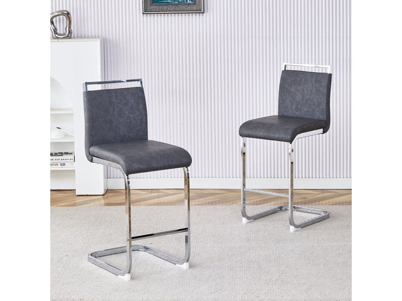 Lot de 2 tabourets de bar cantilever 33 x 46,5 x 96,5 cm - assise en cuir pu et structure métal argenté - gris foncé - Conforama E