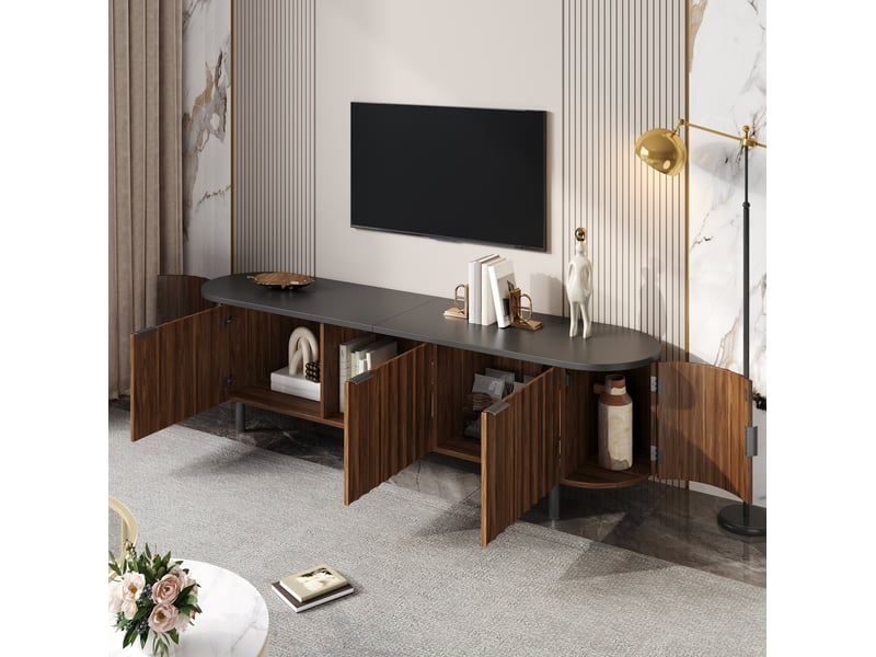  Meuble tv de salon 170x40x47 cm avec 5 portes rainurées, passe-câbles, structure en mdf, coloris noyer, design moderne  - Conforama D