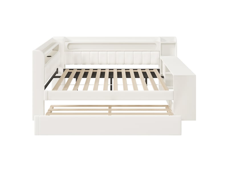 Lit tiroir gigogne 140x200 cm avec bureau, led 7 couleurs, ports usb, tissu lin blanc, sans matelas - Conforama E