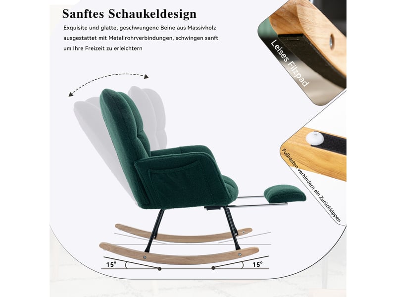  Fauteuil à bascule avec repose-pieds pliable -  dossier haut rembourré, structure bois et métal, teddy vert  - Conforama E