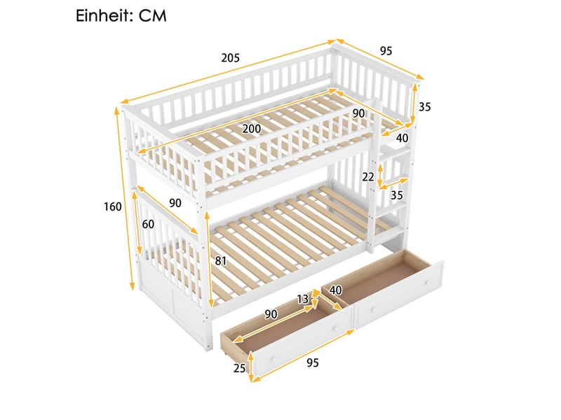  Lit superposé enfant 90x200 cm avec 2 tiroirs, coloris blanc  - Conforama C