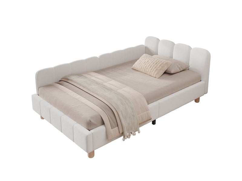  Elvmi lit enfant 90x200 cm en bouclé beige, lit simple rembourré avec tête de lit ergonomique inclinée, protection latérale modulable, poches de rangement intégrées, pieds en bois massif d’hévéa, structure stable monobloc avec s…  - Conforama D