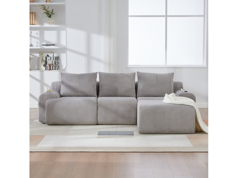 Canapé modulaire 3 places poufs inclus 268x174x80 cm, porte-gobelet, poche de côté, velours côtelé gris clair - Conforama D