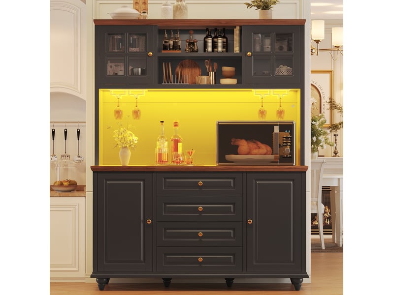  Buffet de cuisine haut avec 4 tiroirs, étagères réglables, led rgb et porte-verres, en mdf noir, 140 × 40 × 179,5 cm  - Conforama C