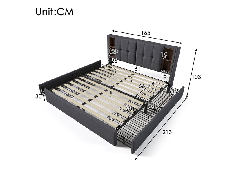 Lit coffre 160x200 avec sommier et matelas, gris, tissu lin, 4 tiroirs, chargeur sans fil usb - Conforama C