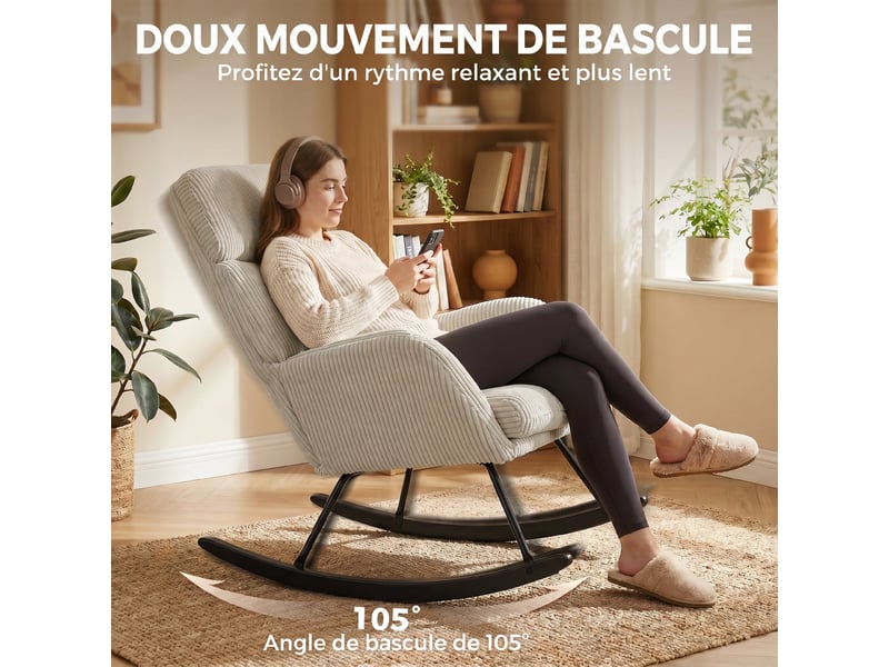 Fauteuil à bascule en velours côtelé avec dossier haut beige 94x67,5x106 cm  - Conforama D