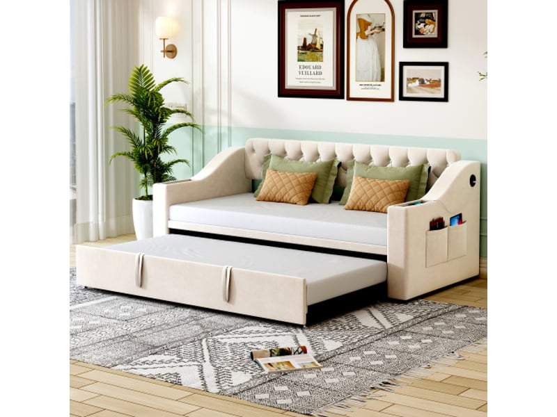 Lit gigogne 90x200 cm, lit enfant avec prise usb, accoudoirs et sommier à lattes, tissu en velours beige, sans matelas - Conforama C