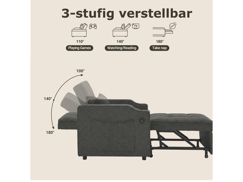 Fauteuil convertible 3 en 1 avec dossier 3 positions et usb  - porte-gobelet, tissu gris foncé 190 cm  - Conforama E