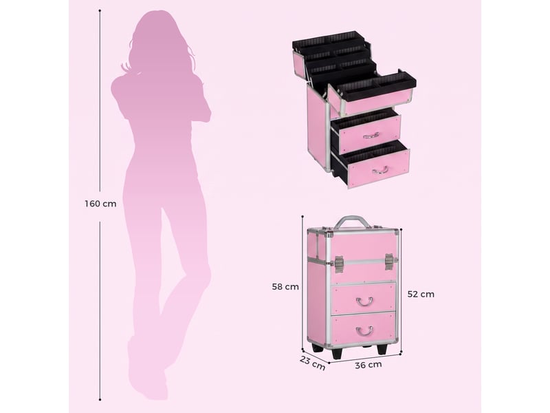  Trousse de maquillage professionnelle, avec 6 tiroirs extensibles et serrure à clé, 36 x 23 x 58 cm, rose  - Conforama E
