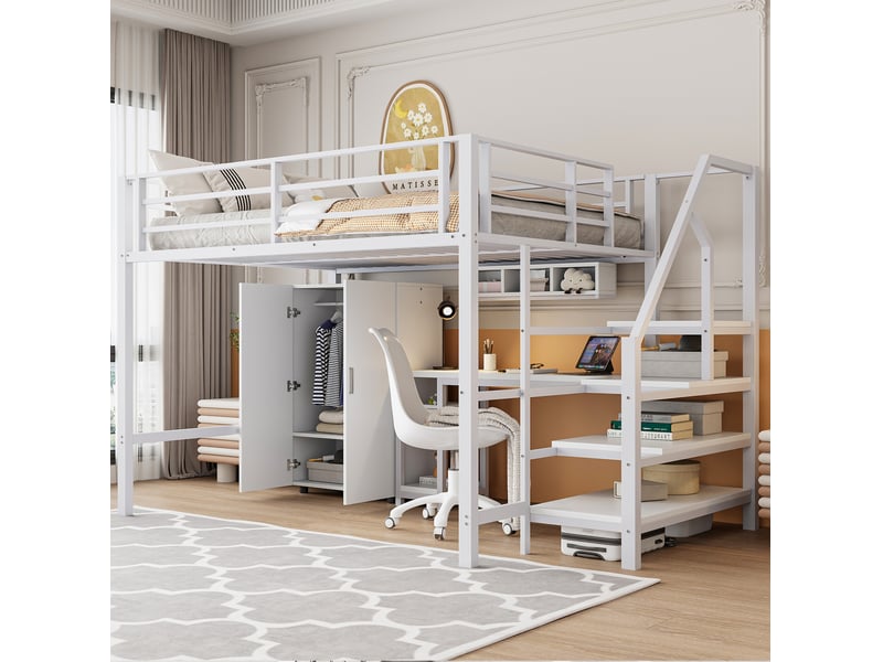  Lit mezzanine enfant 140 x 200 cm blanc avec armoire, étagères et bureau  - Conforama B