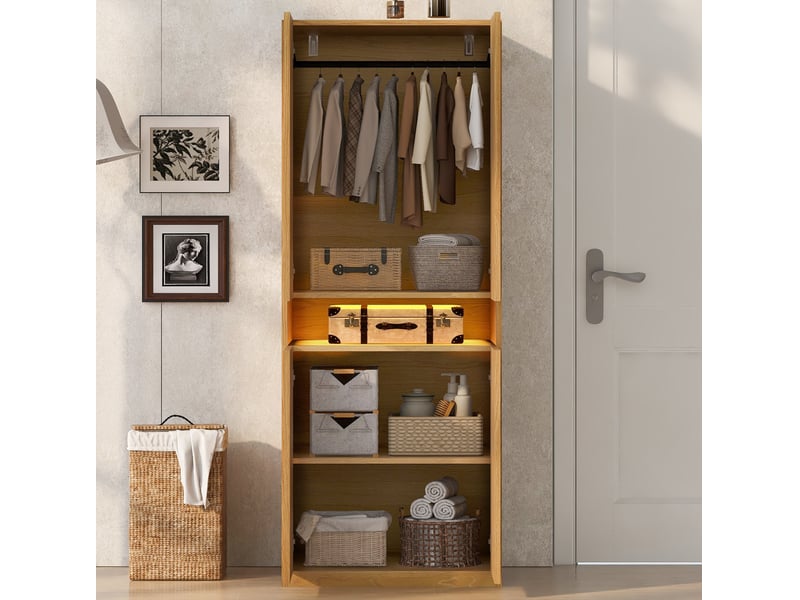  Armoire 70x55x180 cm effet bois avec penderie, rangement et éclairage led  - Conforama D