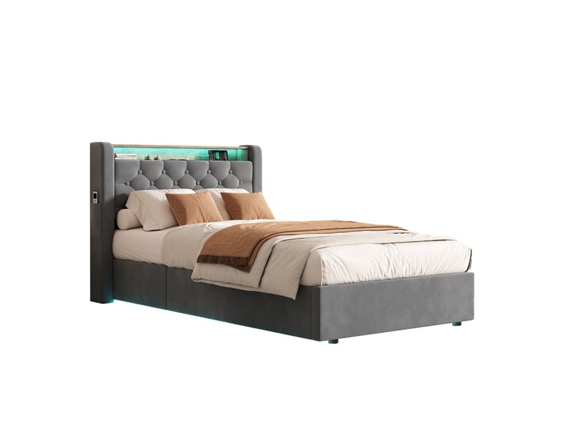 Lit coffre 90x190 cm, lit enfant avec éclairage led - lit rembourré avec prise électrique et tête de lit pliable - gris foncé velours, métal et bois, sans matelas  - Conforama D