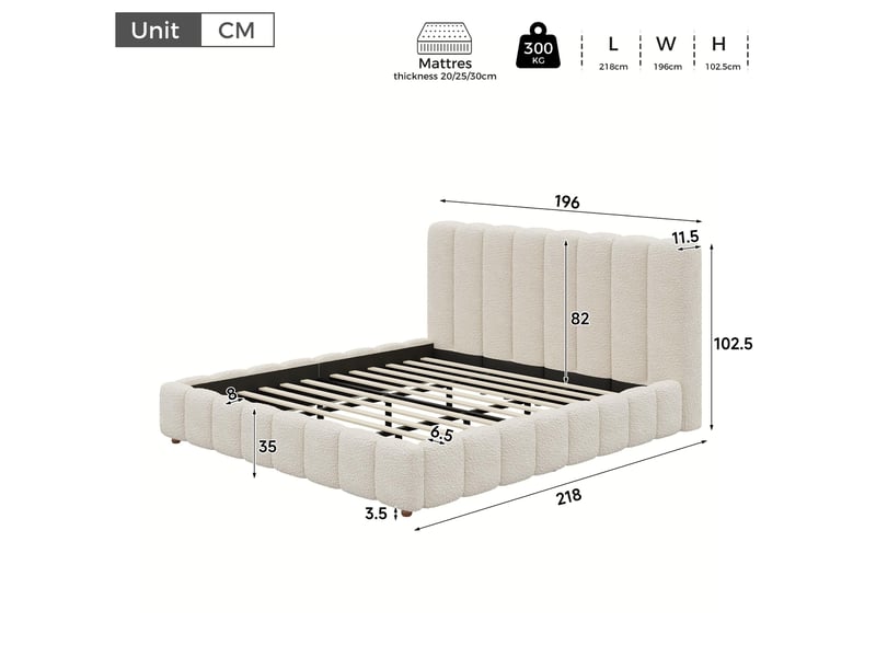  Lit double 180x200 cm avec sommier à lattes, pieds en bois blanc sans matelas  - Conforama E