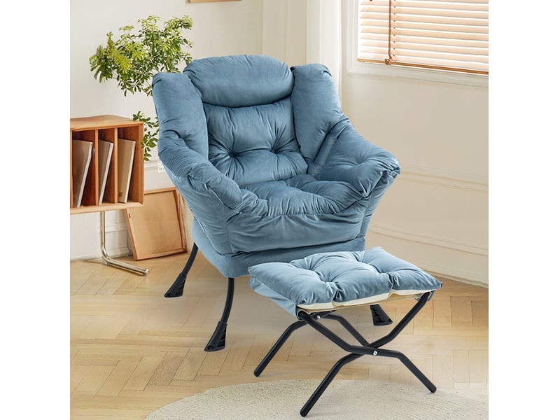  Fauteuil relax bleu clair avec repose-pieds pliable, appui-tête rembourré et poche latérale pour votre intérieur  - Conforama B