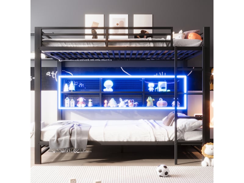  Lit superposé 140 x 200 cm, lit enfant à deux couchages, placard intégré, étagères ouvertes, éclairage led, barrières de sécurité, métal, noir Morn Vibe - Conforama D