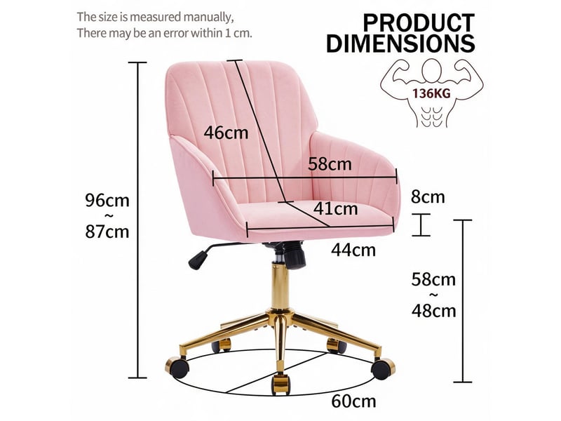  Chaise de bureau pivotante rose en velours, hauteur réglable de 50 à 59 cm, conçue pour le travail à domicile  - Conforama C
