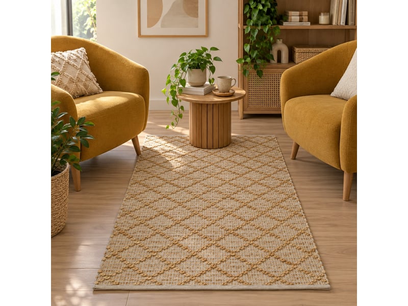  Tapis de sol rectangulaire en jute et coton naturel tissé motif losanges, coloris naturel - longueur 180 x largeur 120 cm  - Conforama B