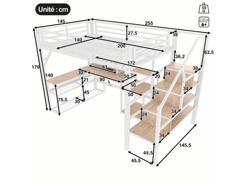  Lit mezzanine avec bureau intégré et rangements, métal et mdf, couchage 140 x 200 cm, blanc  - Conforama C