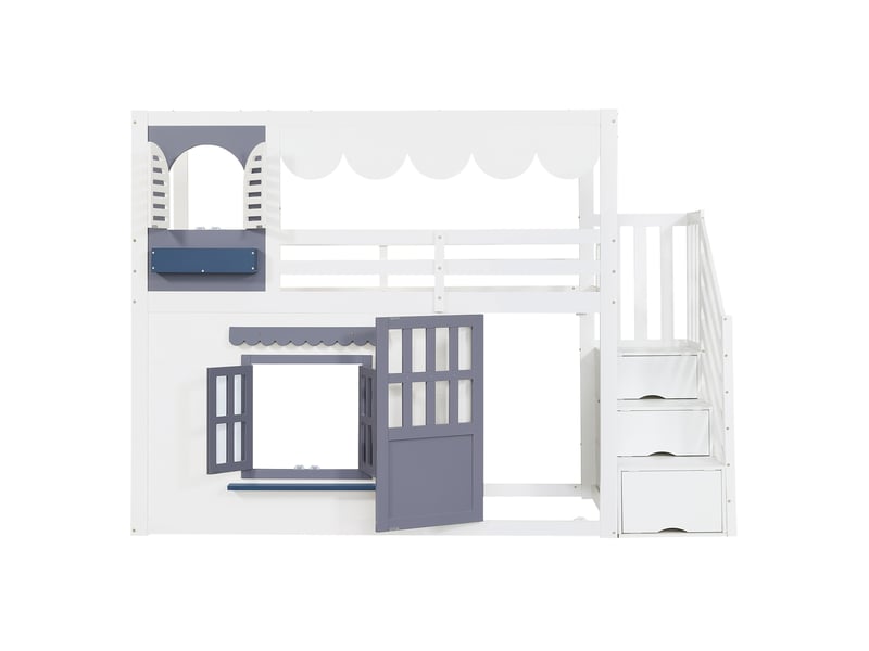 Lit surélevé enfant 90x200 cm blanc et bleu en bois, avec escalier de rangement et porte ouvrante, pour chambre d'enfant - Conforama D