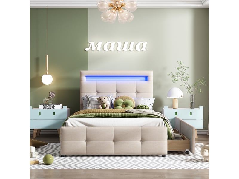 Lit enfant rembourré 90 x 200 cm avec led et 2 tiroirs, tête de lit réglable, beige Fay Lum - Conforama D
