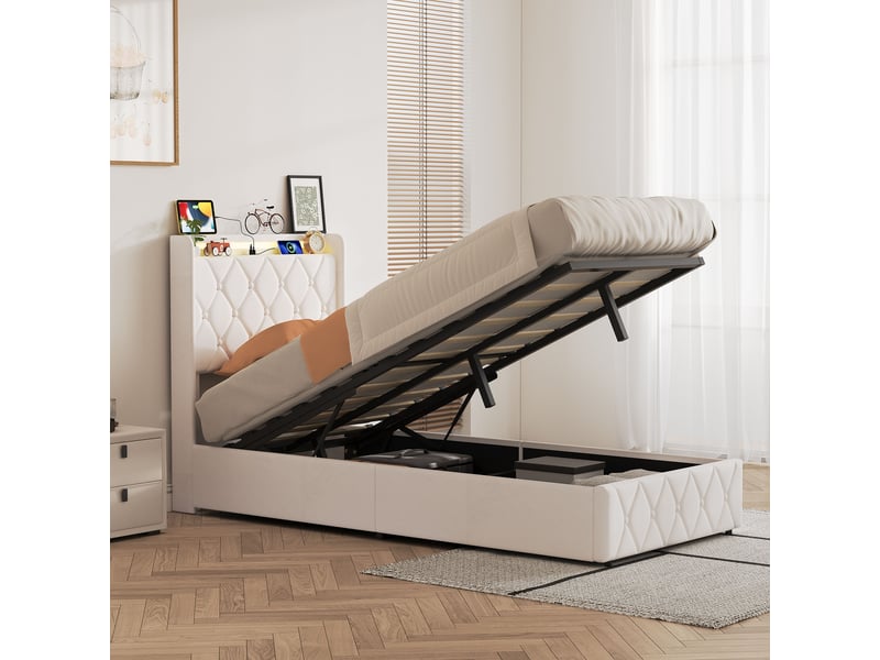 Lit coffre simple 90x200 cm avec tête de lit matelassée et sommier, led et ports usb-c, velours, beige, sans matelas  - Conforama R