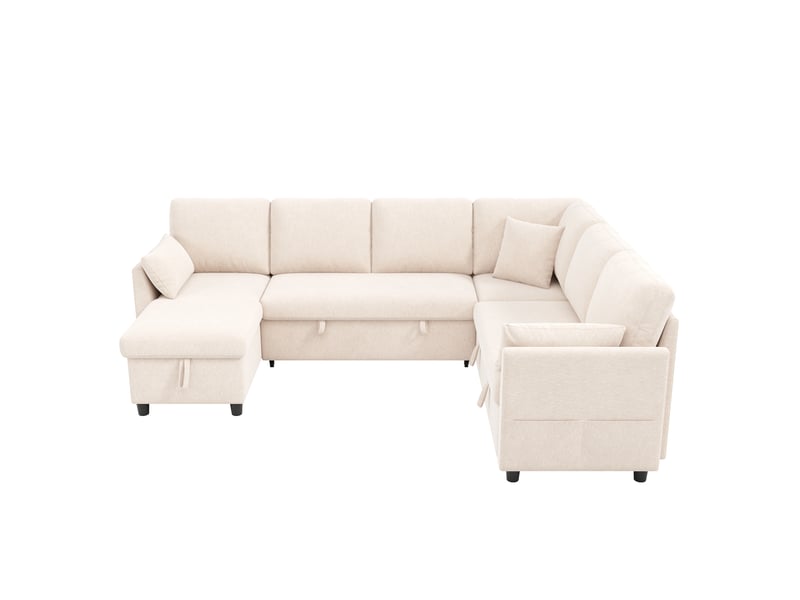Canapé d'angle en l ou en u – 6 places – avec coffre de rangement – avec ports usbtype-c – avec 3 coussins – beige - Conforama A