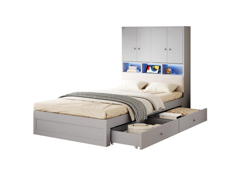  Lit multifonctionnel en bois 90 × 200 cm avec tête de lit rembourrée, rangements intégrés, étagères, éclairage led, prise électrique, tiroirs et sommier à lattes, gris  - Conforama A