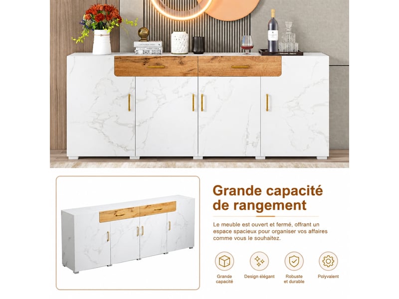  Buffet 4 portes 2 tiroirs meuble tv 208 cm blanc marbré et chêne  - Conforama E