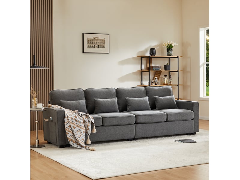  Canapé modenvie 4 places en tissu effet lin gris foncé avec 4 coussins et poches de rangement, 264 x 83 x 87 cm  - Conforama D
