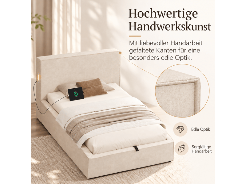  Lit coffre enfant 90x200cm avec rangement hydraulique, sommier à lattes et tête de lit rembourrée, chenille, beige evarich - Conforama D