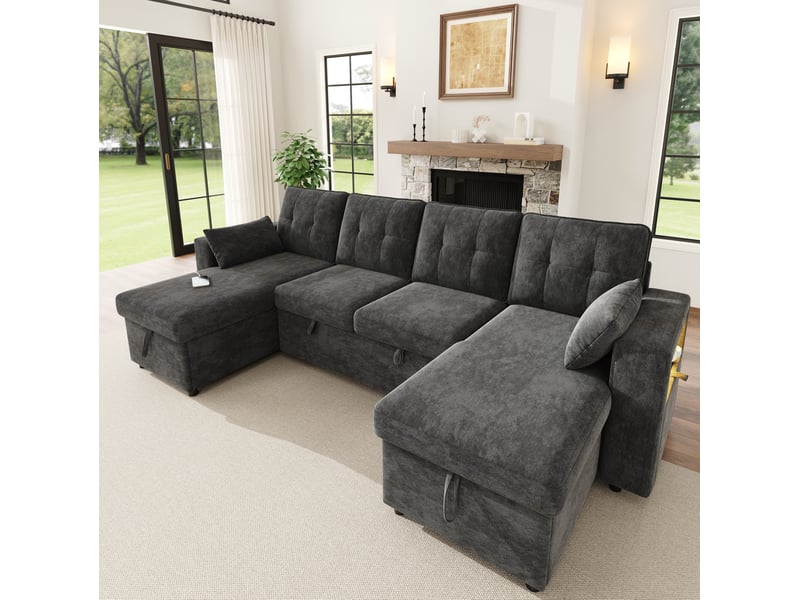 Canapé convertible en u modenvie 4 places avec 2 méridiennes, rangement, led et usb type-c, chenille gris 273 x 131 x 83 cm - Conforama E