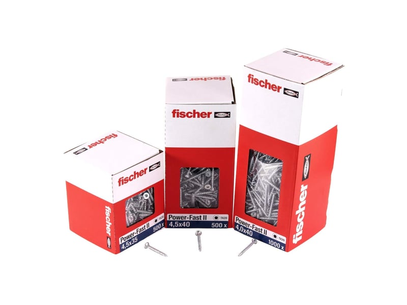  Fischer - vis à bois powerfast ii 4,5x40 tête fraisée, empreinte tx, zingué blanc, filetage totalboite de 500  - Conforama A