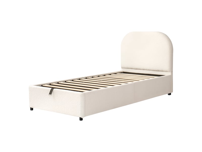  Lit 90x200 cm en tissu bouclé beige, tête rembourrée, sommier à lattes, coffre de rangement, sans matelas  - Conforama B
