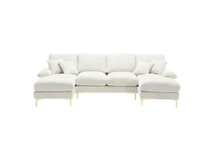 Canapé d'angle panoramique fixe OKMYHOME 4 places Tissu Beige
