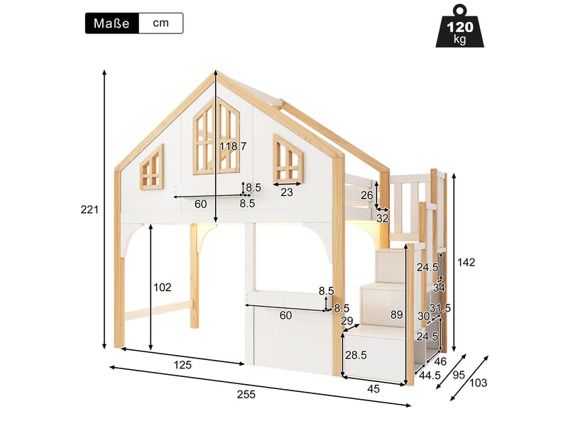  Lit mezzanine enfant 90x200 cm – blanc et bois naturel – escalier de rangement et led, sans matelas  - Conforama C