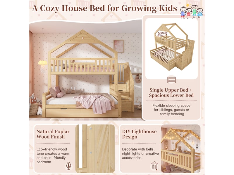 Lit superposé enfant 90×200 cm et 140×200 cm, escalier et tiroirs, bois chêne sans matelas - Conforama C