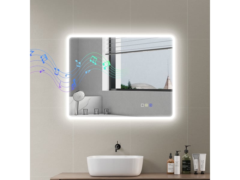  Miroir salle de bain led bluetooth 70 x 90 cm interrupteur tactile lumière réglable 3 couleurs anti-buée mémoire argent  - Conforama D