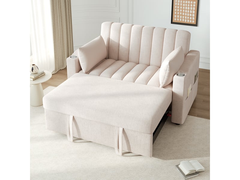  Canapé convertible 2 places avec dossier réglable 3 positions, porte-gobelets et poches, en coton et lin beige  - Conforama B