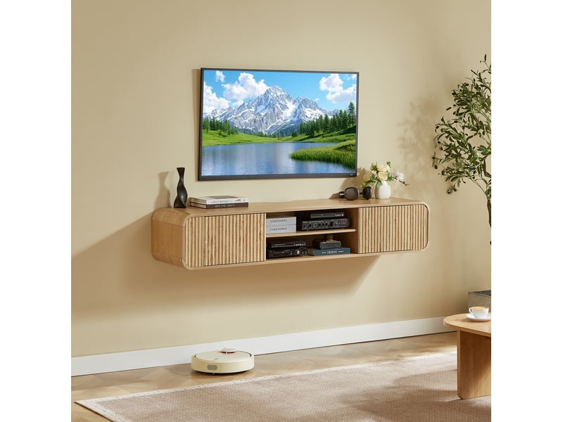  Meuble tv mural tcqpz 160 x 38 x 30 cm rangement ouvert passe-câbles coloris naturel  - Conforama E
